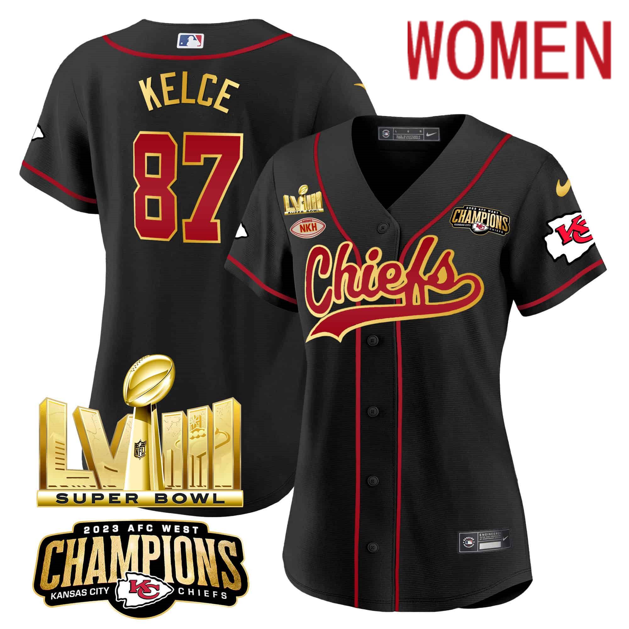 Women Kansas City Chiefs 87 Kelce Black 2024 Nike Super Bowl LVIII Back 2 Back Gold Patch Baseball NFL Jersey